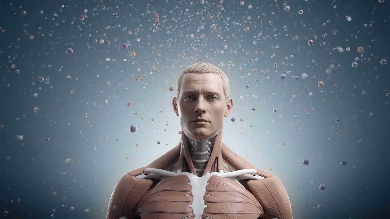 Materializing translucent spheres swirling inward around torso model in studio, simulating cells