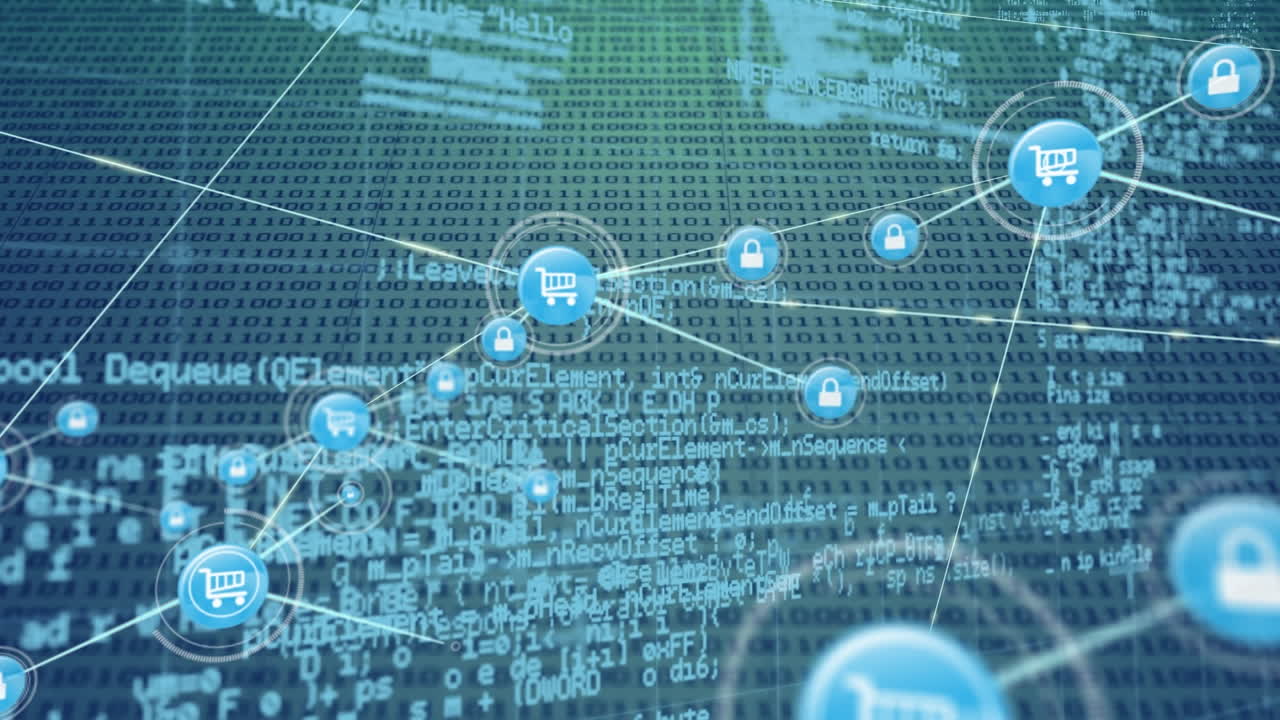 디지털 아이콘 네트워크의 애니메이션과 검은색 배경에 바이너리 코딩을 통해 데이터 처리