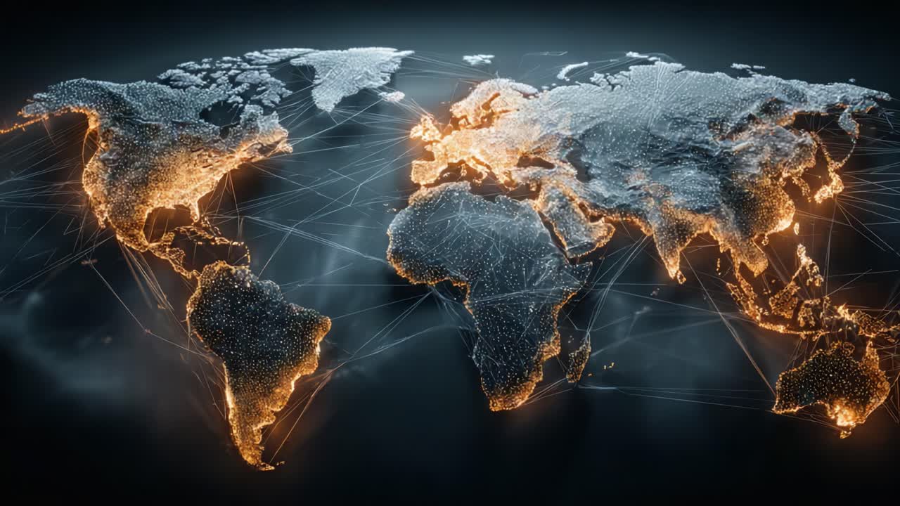 A Captivating Digital Representation of the World Map Illuminated with Networks and Data, Highlighting Global Connections and Interactions Across Continents