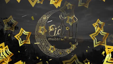 Animation-of-eid-mubarak-logo-and-text-over-falling-stars