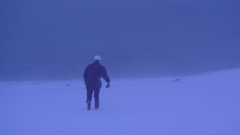 woman searching for help in windy snowstorm