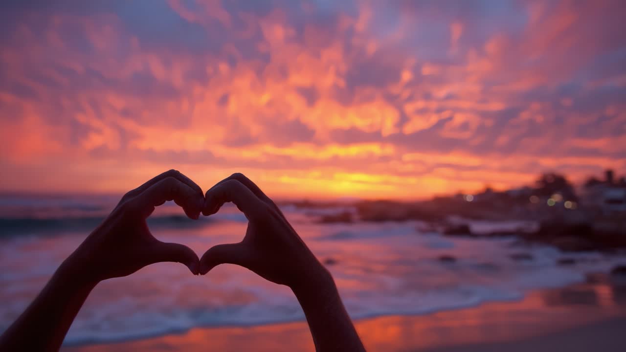 A Beautiful Sunset with Hands Forming a Heart Shape Against a Vivid Skyline, Capturing Love and Nature's Splendor in Vibrant Colors