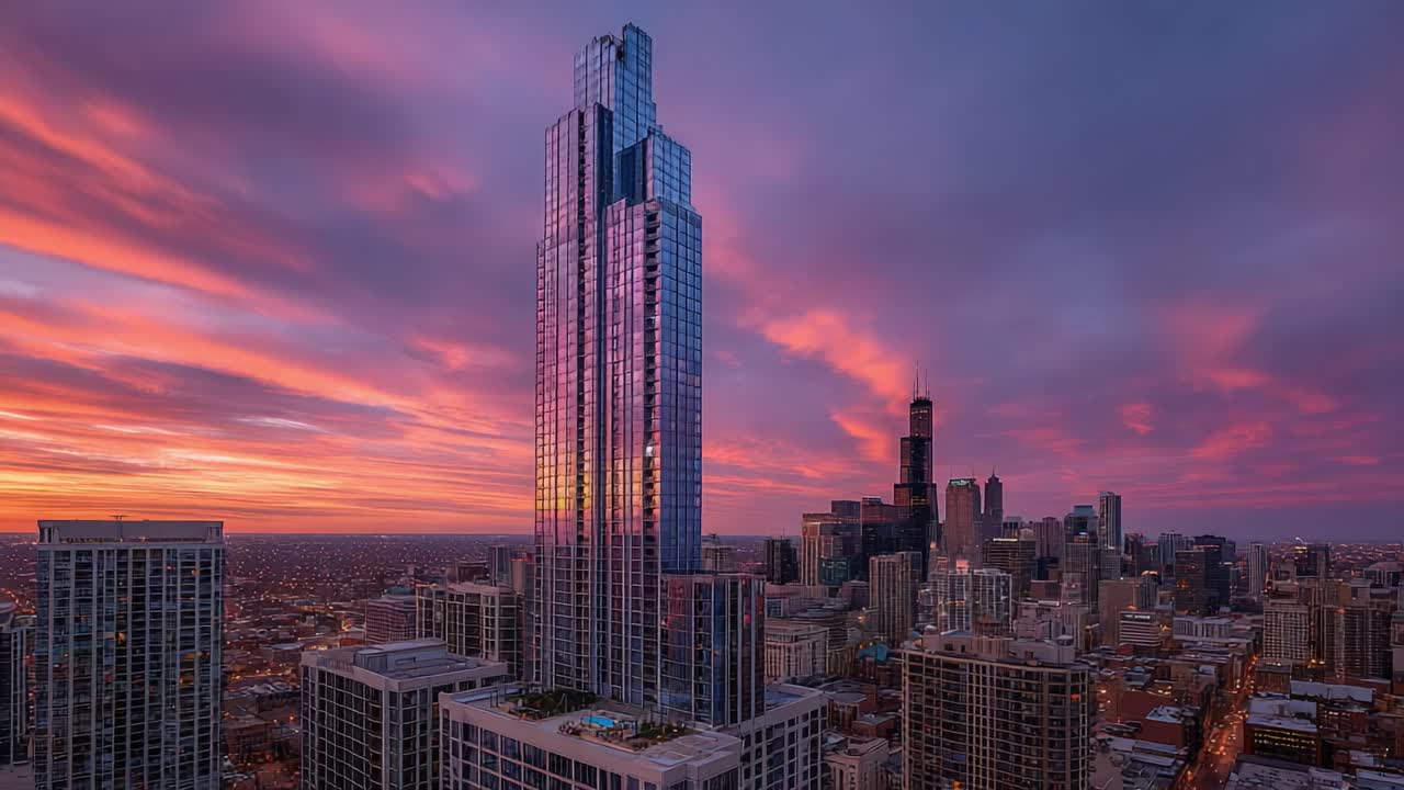 Una trasformazione urbana mozzafiato: un imponente grattacielo illuminato su un cielo crepuscolare passa dalla luce del giorno al tramonto in un vibrante paesaggio urbano