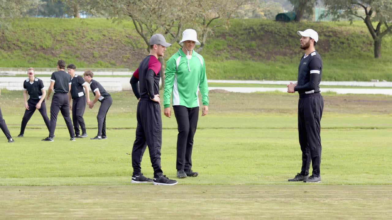 Practicing cricket on grassy field, men in sportswear focusing on technique