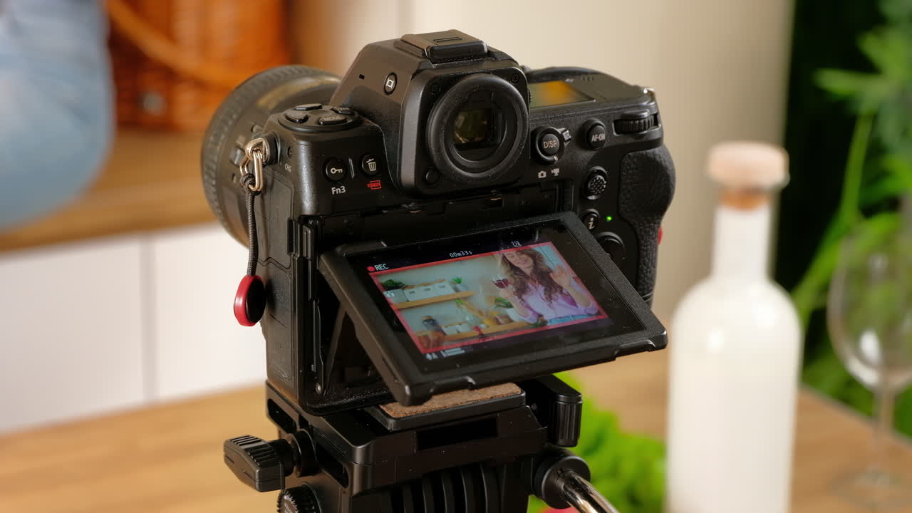 Camera filming a woman drinking a glass of red wine and dancing in the kitchen