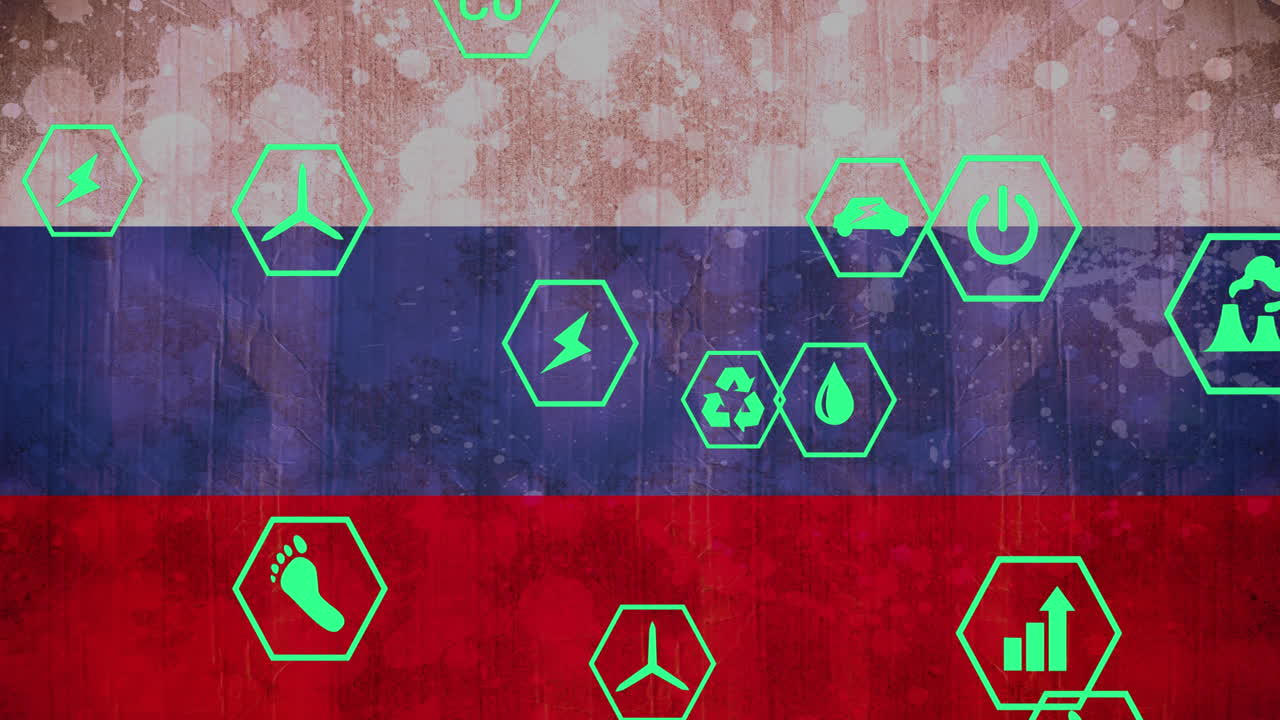 анимация иконок в шестиугольниках над флагом россии