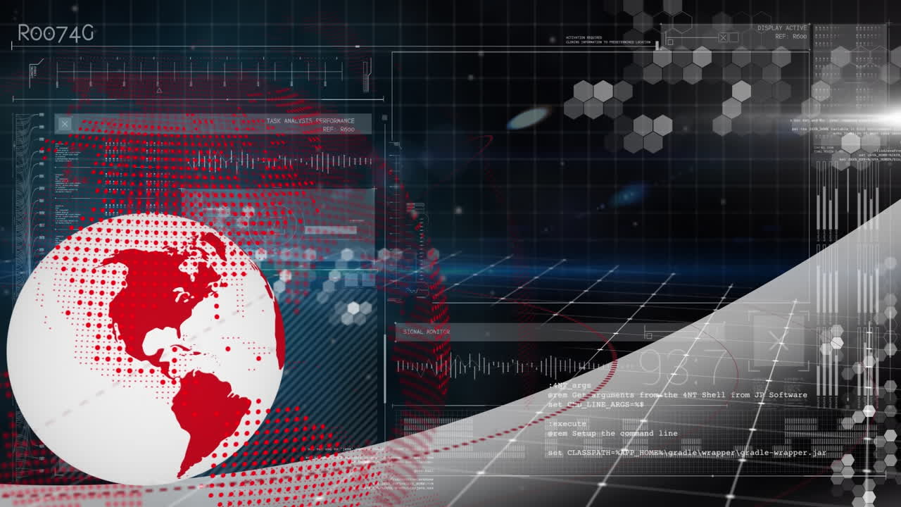 animación de globos, barras de carga, cambios de números y lenguaje informático sobre fondo negro