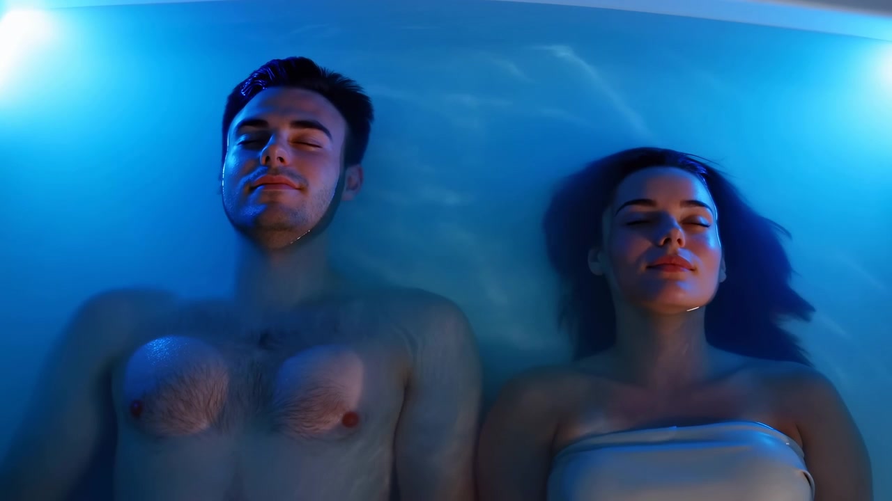 Soggetti maschili e femminili riposano a faccia in su in una vasca bassa illuminata di blu, con gli occhi chiusi, lievi increspature dell'acqua, riflessi lucidi e un'atmosfera spa tranquilla per un'immagine di benessere sereno, con galleggiamento
