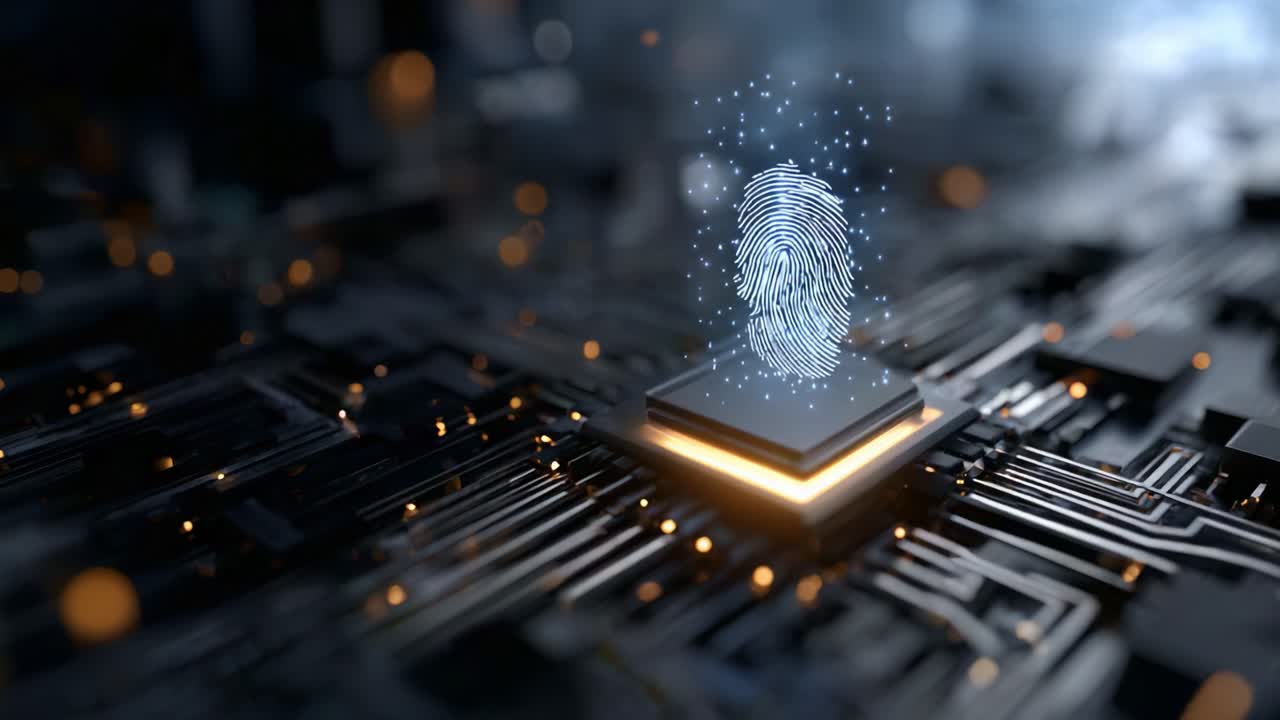 Futuristic Concept of Cybersecurity with a Biometric Fingerprint Overlaid on a High-Tech Microchip, Representing Digital Identity and Protection