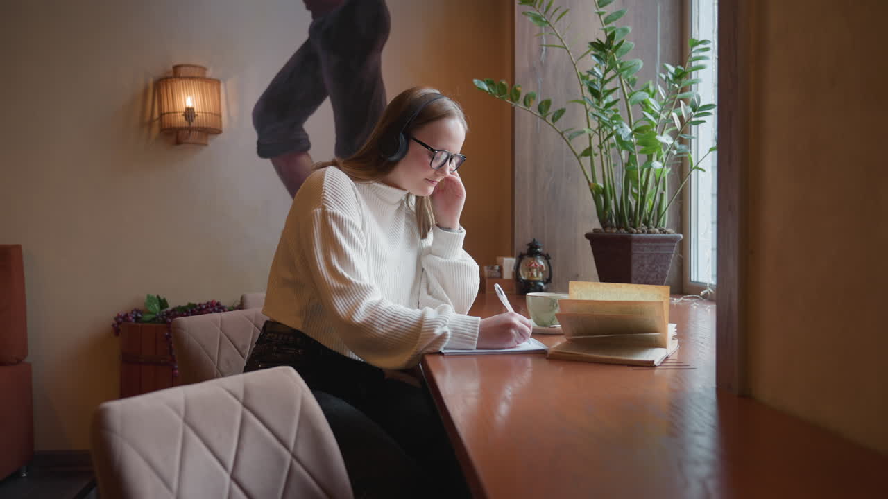 lady with headphones writes attentively on notepad while listening to music and reading open book in quiet setting with warm lighting and wooden table