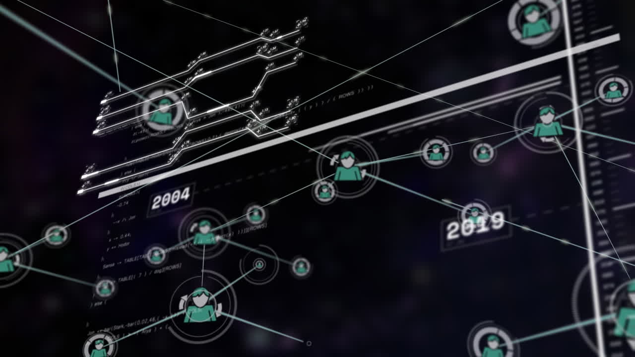 Animation of connected icons over changing numbers in rectangle and computer language