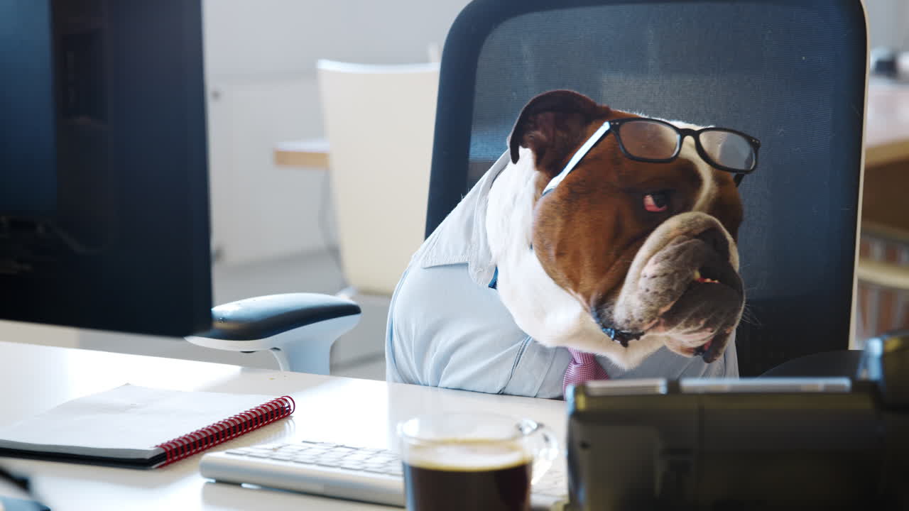British bulldog sitting at a desk in an office, working