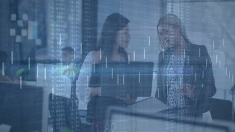 animation of line graph with changing numbers over diverse female coworkers discussing reports