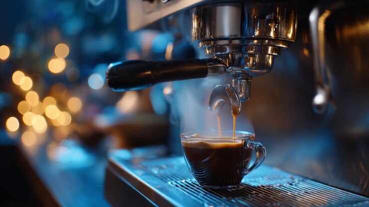 Il vapore sale mentre un ricco caffè si versa in una tazza calda. Luci sfocate aggiungono un'atmosfera accogliente e invitante. Una macchina metallica risplende con precisione e cura. Perfetto per gli amanti del caffè, le routine mattutine o le scene da caffè.