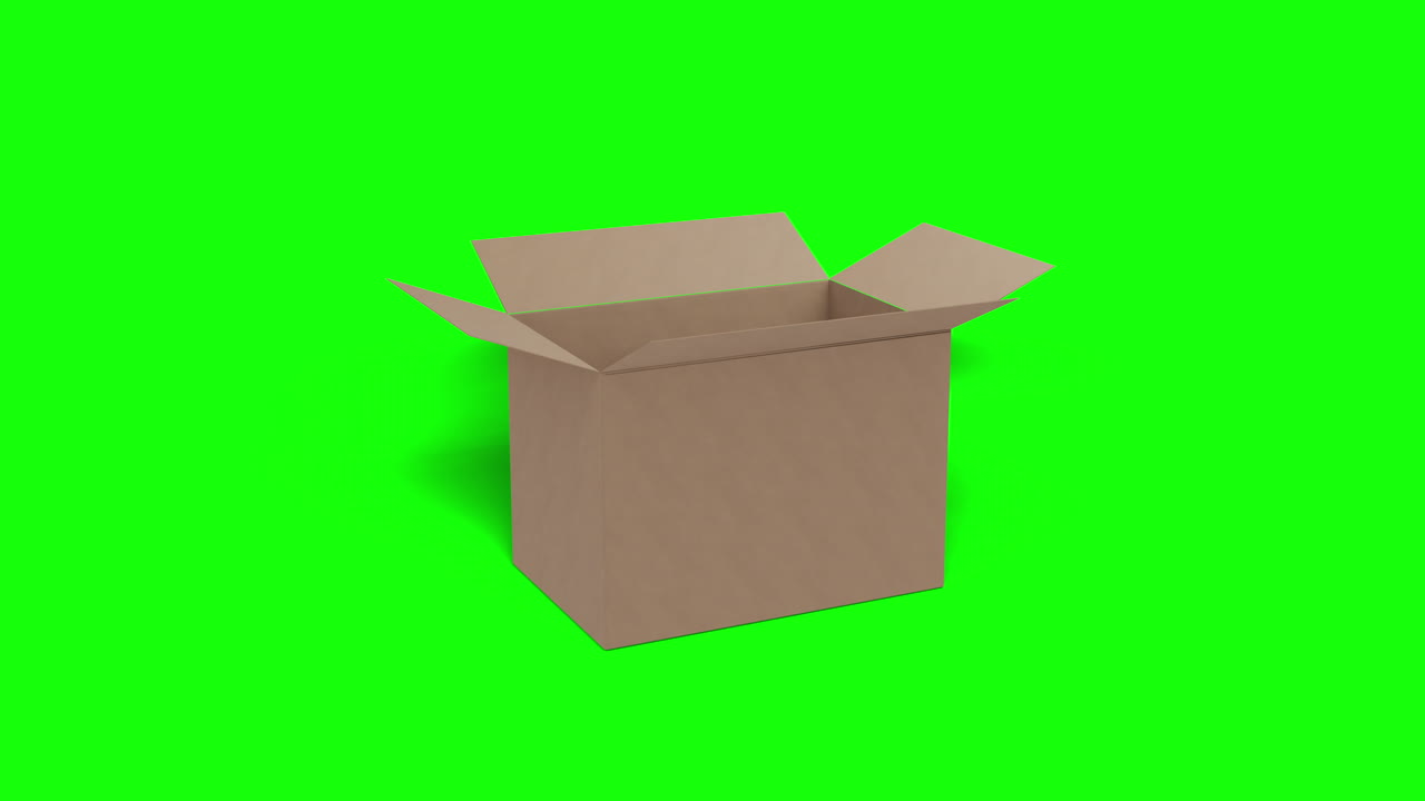 коричневая картонная коробка быстро перемещается в в кадре и открывается на зеленом фоне экрана