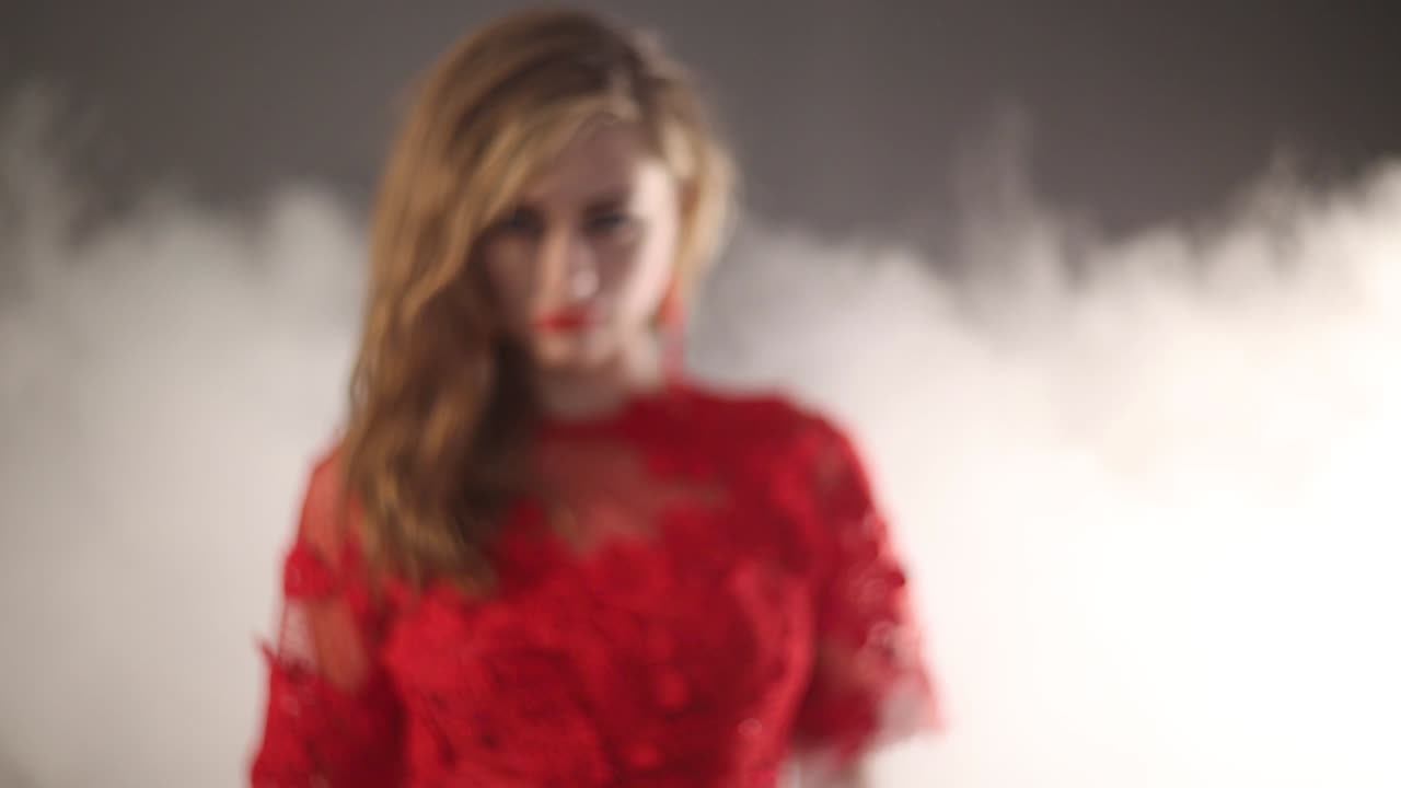 Beautiful Lady Posing In A Smoke. Portrait of a beautiful woman posing in a red dress