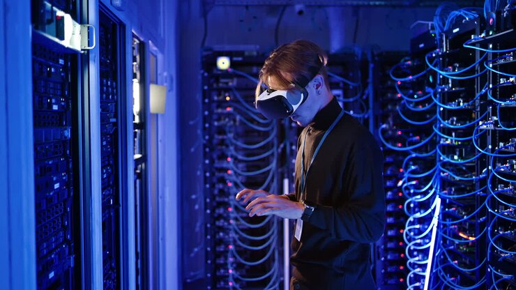 Man using Virtual Reality headset in a server room