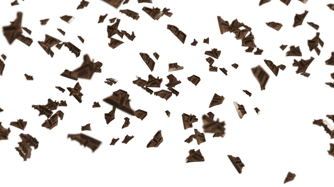 검은 바탕에 많은 초콜릿 조각을 날아. 음식과 과자. 우유와 어두운. 초콜릿 회전의 3d 루프 애니메이션.