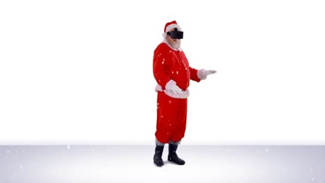 Snow-falling-over-santa-claus-wearing-a-vr-headset-dancing-against-grey-background