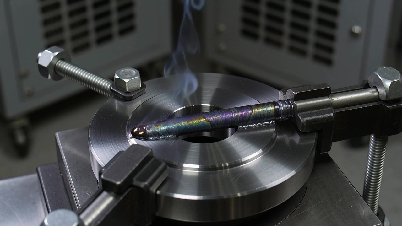 Heating rod and fixture at bench, heat source starting molten bead forming for brazing with clamps