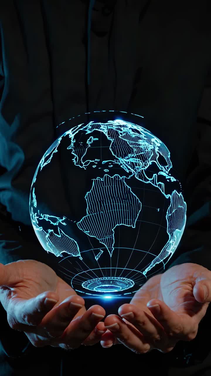 A futuristic video concept with a glowing digital globe held in hands