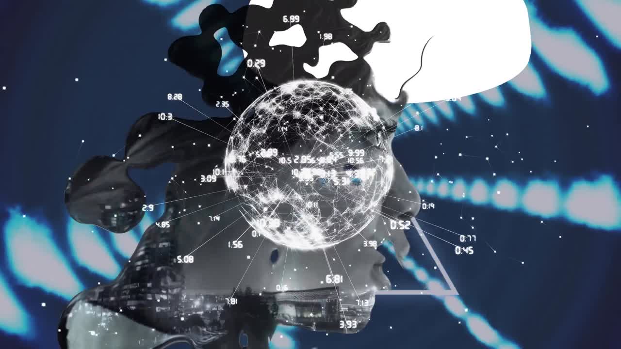 Animation of globe with network of connection over woman's face