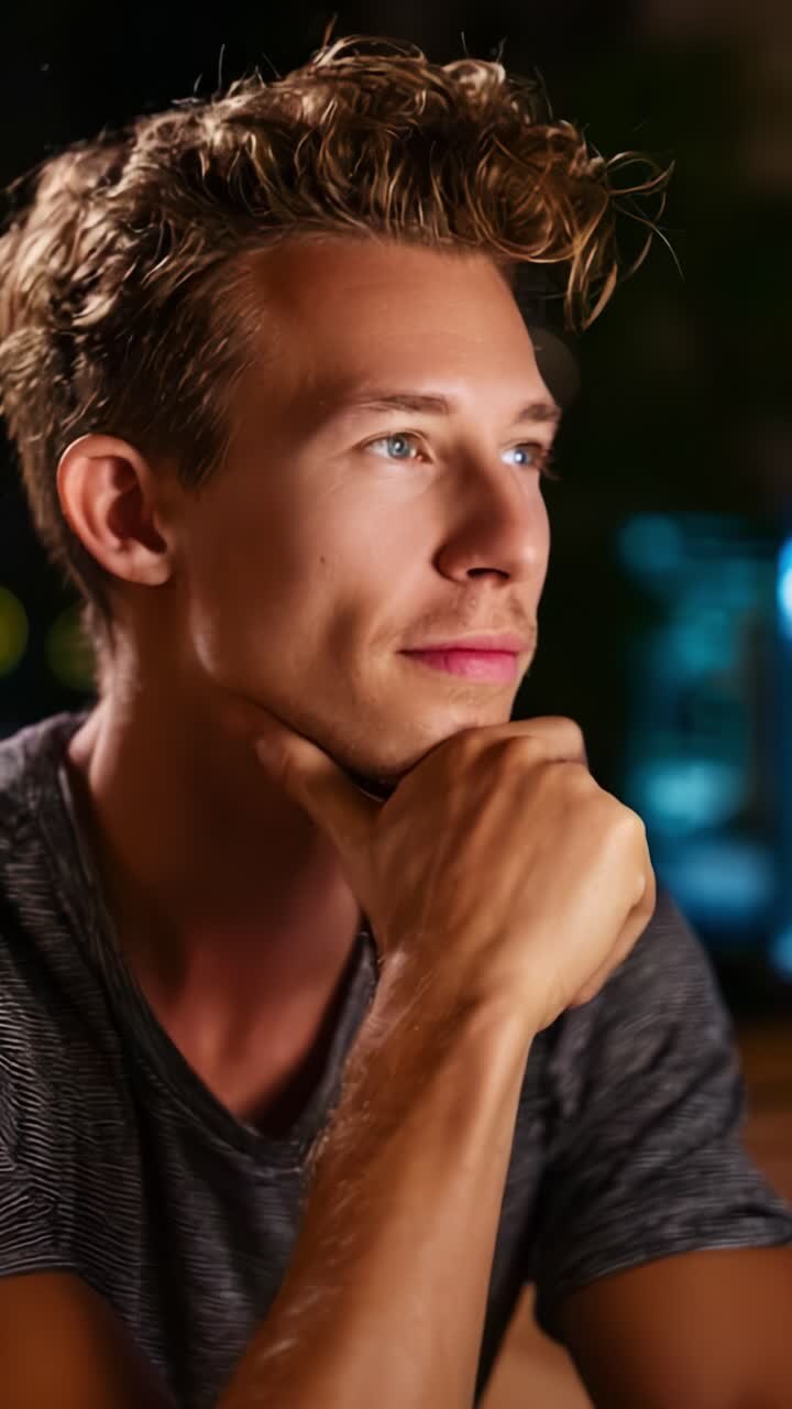 Contemplative Moment: A Young Man Reflects Deeply While Pondering Life's Questions in a Thoughtful Expression Against a Softly Lit Background