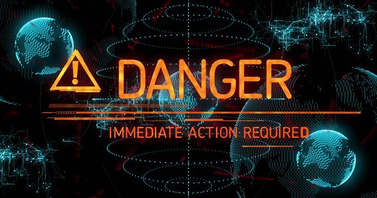 Detecting anomaly dotted globes showing warning icon and glitching text requesting immediate action