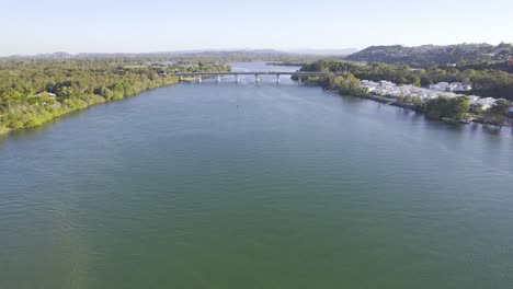 Flying-Over-Tweed-River-Near-Chinderah-In-NSW,-Australia---drone-shot