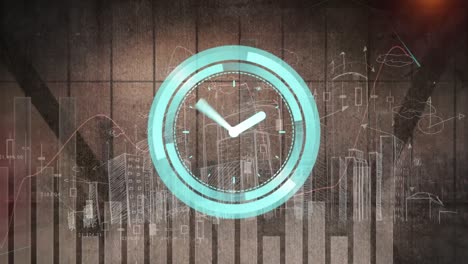 animación de reloj que se mueve rápido y estadísticas con procesamiento de datos sobre el paisaje urbano