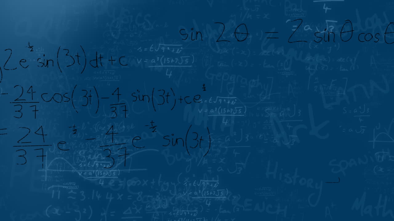Animation of light spots over mathematical equations floating against blue background