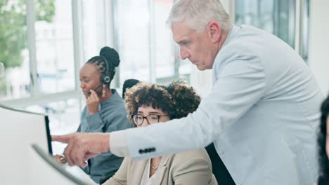 call center, training and employee with senior man