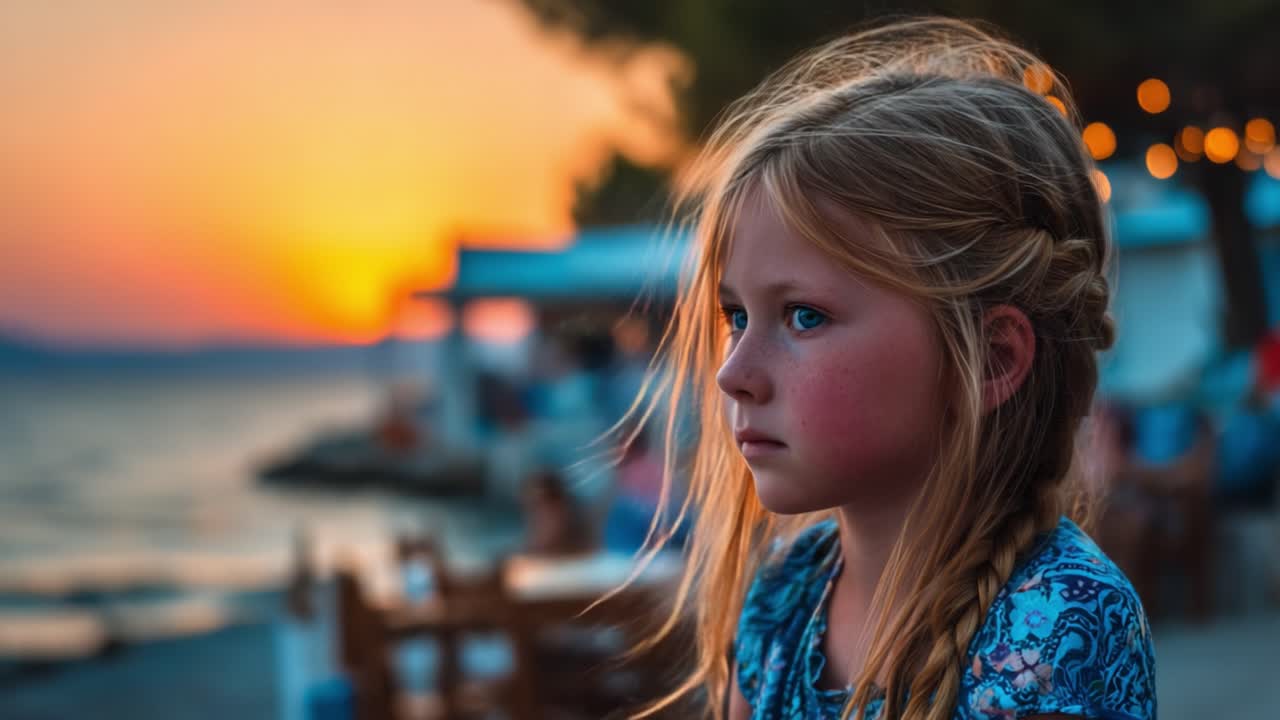 A Thoughtful Reflection: A Young Girl Gazes at the Serene Sunset Over the Water, Capturing a Moment of Innocence and Beauty in Nature's Glow