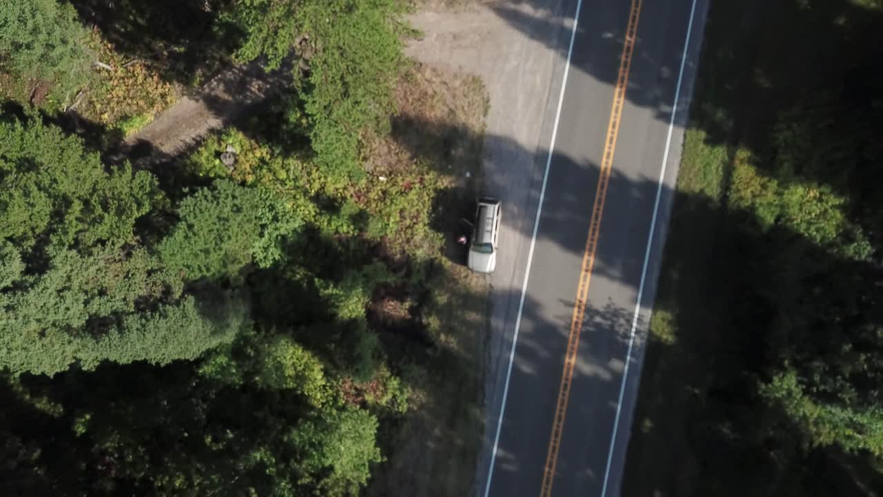 Aerial 4k  flight taking off from a road revealing a thick pine forest