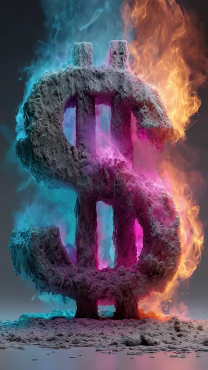 Una trasformazione infuocata di un simbolo del dollaro: esplorazione della rappresentazione artistica della valuta come simbolo di ricchezza e cambiamento in un ambiente surreale