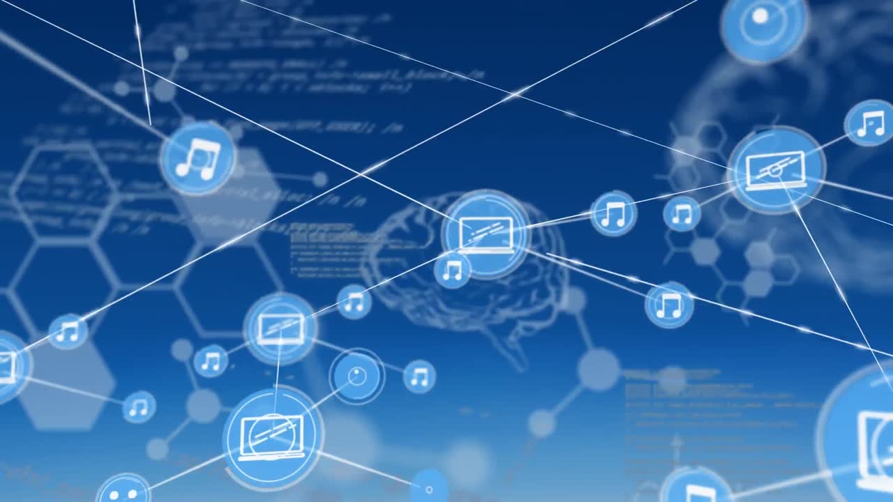 Animation of network of connections with icons over human brains