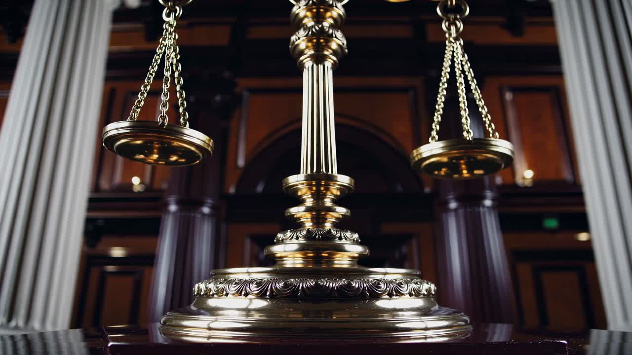 Ripresa video dal basso verso l’alto di elaborate bilance della giustizia dorate in un grande tribunale