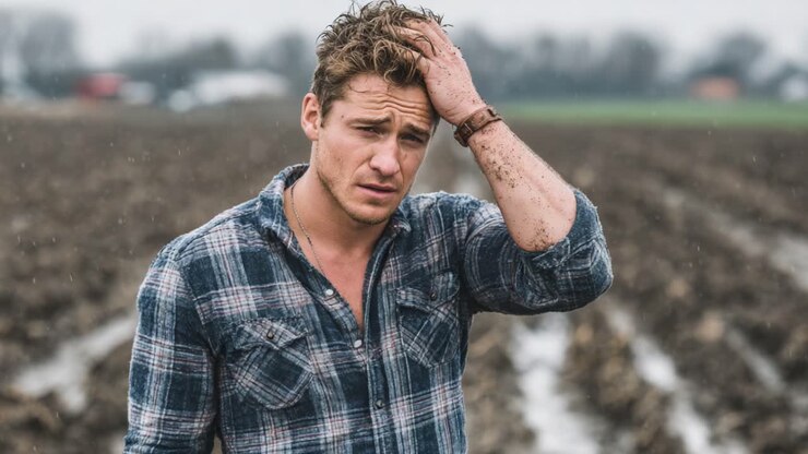 A contemplative young farmer stands in a muddy field, reflecting on the challenges of agriculture while dealing with rain and a muddy environment in this striking video still