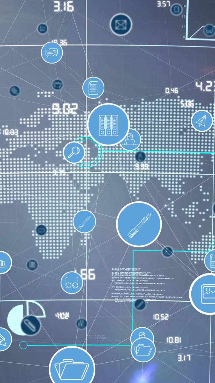 Animation of network of connections with digital icons over world map in background