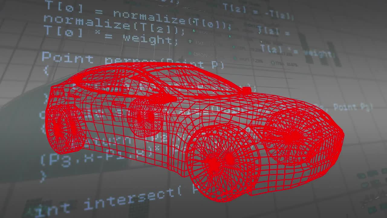 베이지 공간에서 데이터 처리 위에 회전하는 자동차 프로젝트의 애니메이션