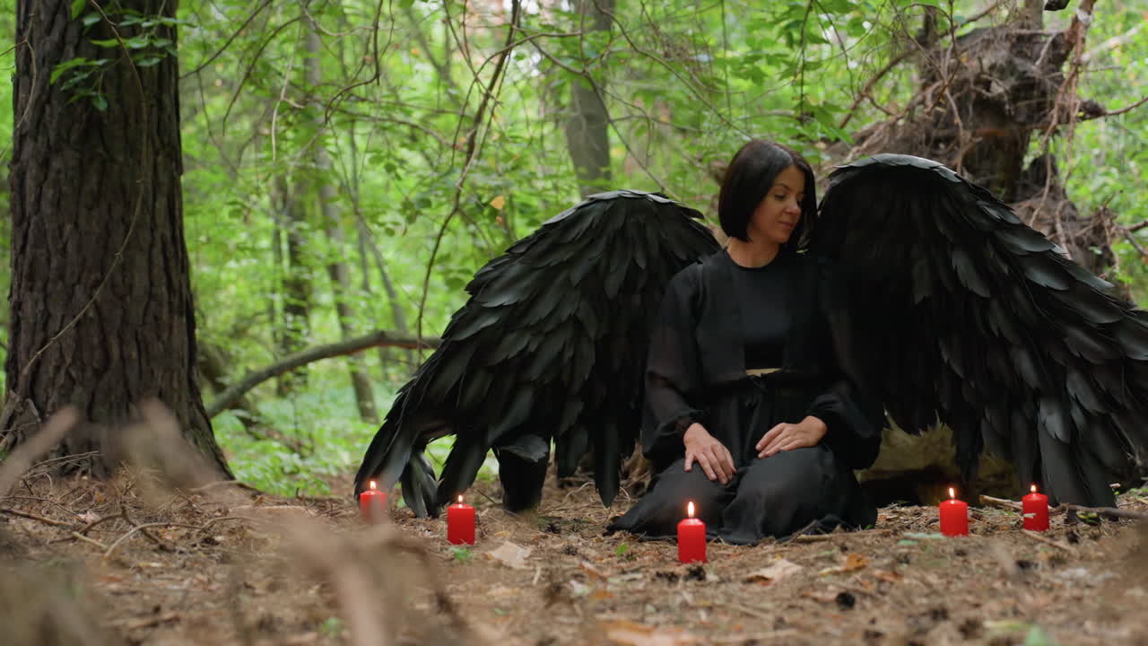 Dark goddess with large black wings kneels in forest surrounded by burning red candles, touching candle with hand before prayer, mystical atmosphere with spiritual and mysterious energy in woods