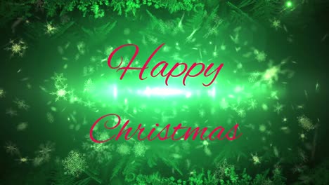 Animation-of-happy-christmas-text-over-falling-snow-on-green-background