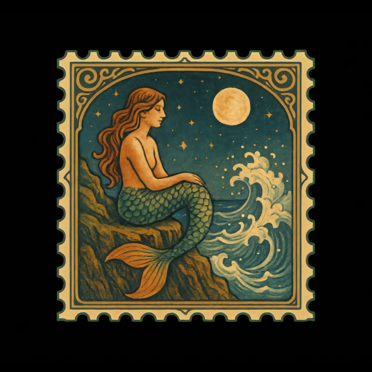 Vintage zeemeermin illustratie stempel animatie geïsoleerde bron, transparante 4K-video, alfakanaal