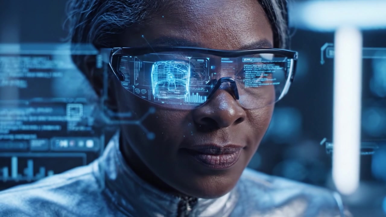 A focused scientist in futuristic eyewear analyzes complex data in a high-tech lab environment, showcasing concentration and innovation in advanced research technology.