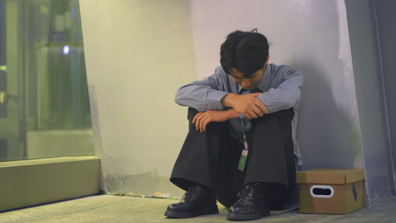 실직 후 우울과 절망에 빠진 젊은 직장인이 개인 물품과 함께 길거리에서 스트레스와 위기를 겪으며 울고 있는 모습.