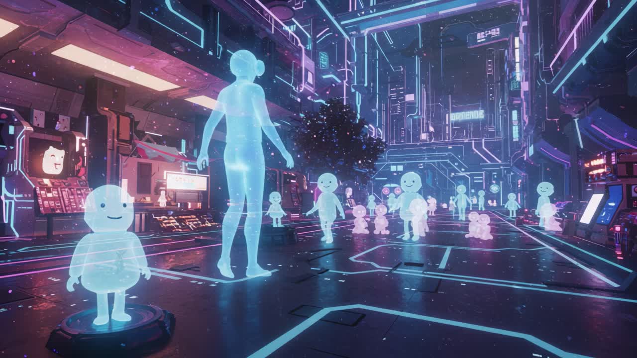 A Glimpse into a Futuristic Digital World with Holographic Figures: Exploring the Interplay of Technology and Humanity in a Neon-Lit Cyber City