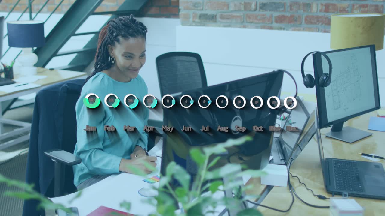 Animation of financial data and graphs over african american woman working in office