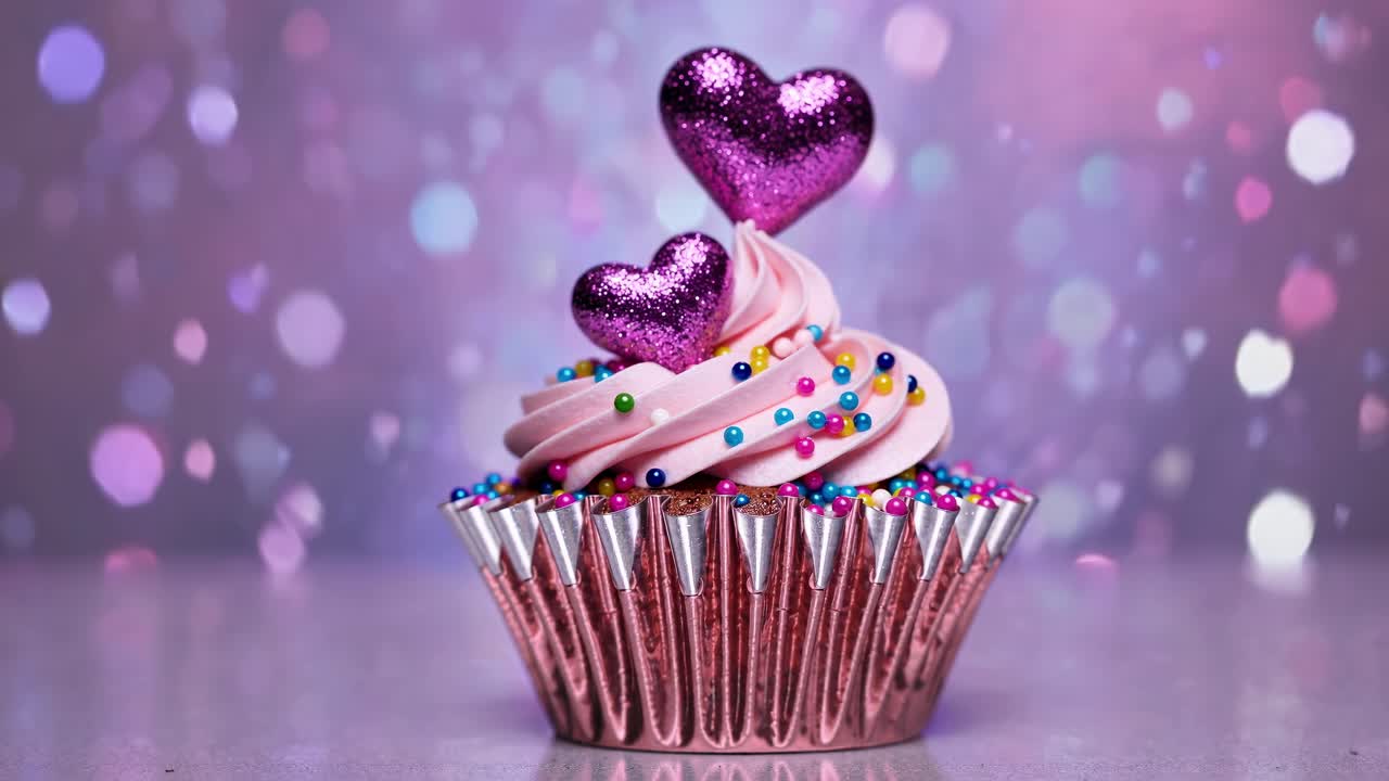 un lujoso pastel rosa con salpicaduras en forma de corazón, decorado con recortes de colores vibrantes y elegantes adornos púrpuras contra un fondo bokeh suave