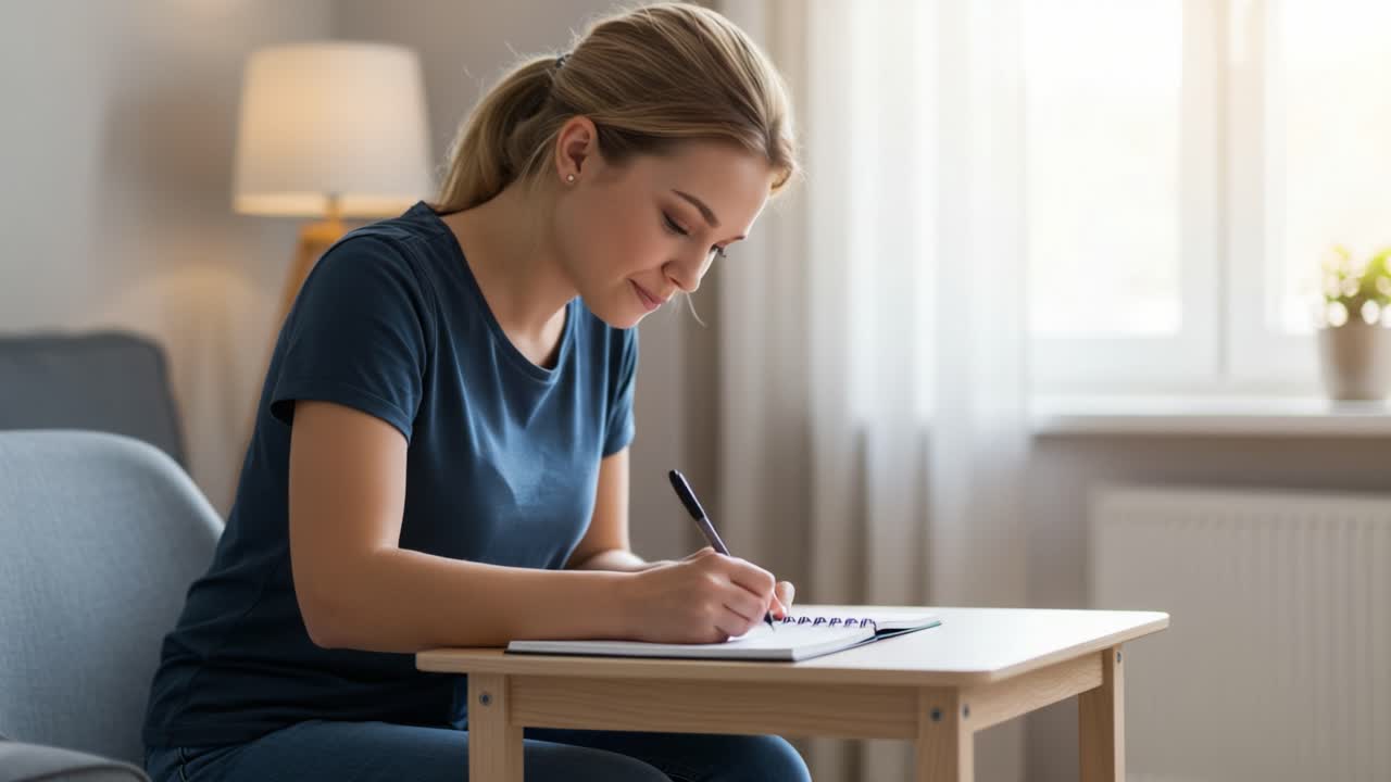 A focused young woman joyfully engages in writing at a cozy table, illustrating a moment of creativity and reflection in a serene indoor setting with natural light