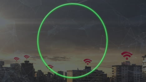 Green circle and Wi-Fi symbols animation over cityscape at sunset